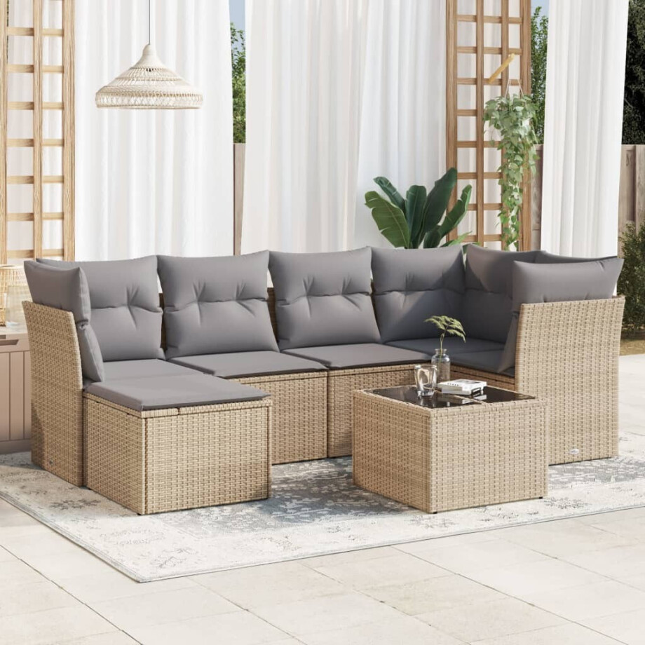 vidaXL 7-delige Loungeset met kussens poly rattan beige afbeelding 1