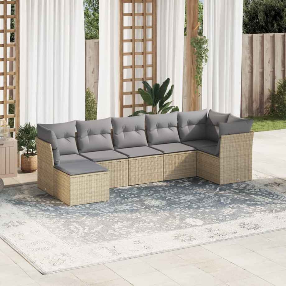vidaXL 7-delige Loungeset met kussens poly rattan beige afbeelding 1