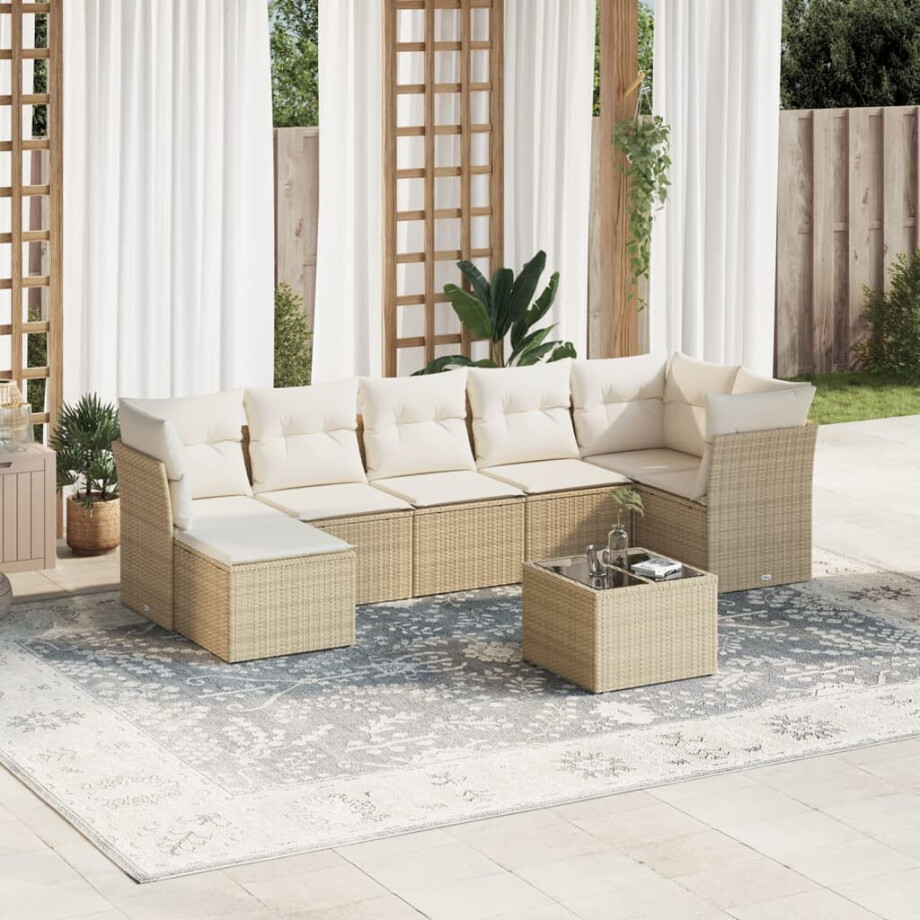 vidaXL 8-delige Loungeset met kussens poly rattan beige afbeelding 1