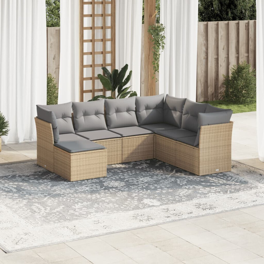 vidaXL 7-delige Loungeset met kussens poly rattan beige afbeelding 1