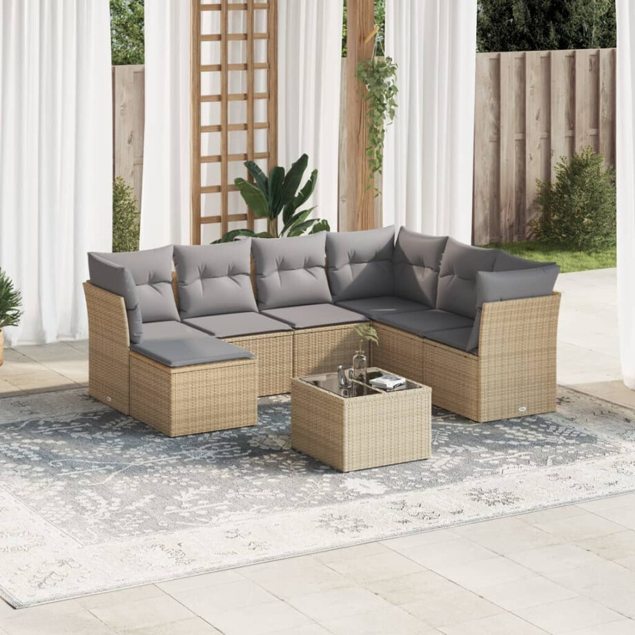 vidaXL 8-delige Loungeset met kussens poly rattan beige afbeelding 1
