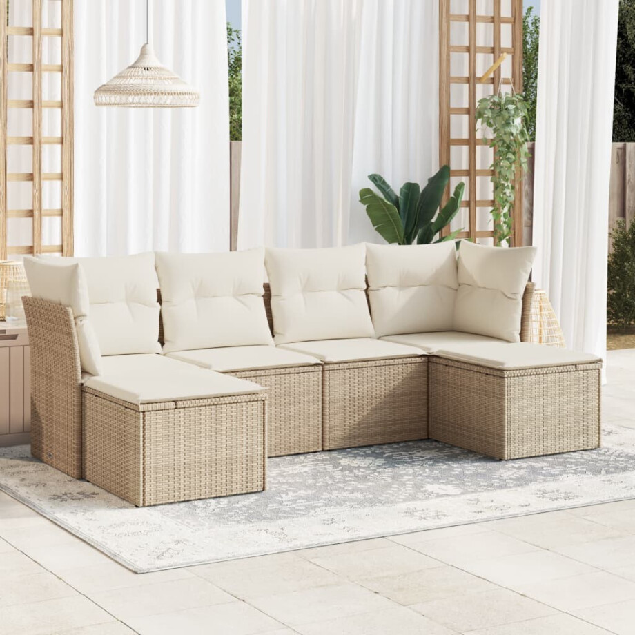 vidaXL 6-delige Loungeset met kussens poly rattan beige afbeelding 1