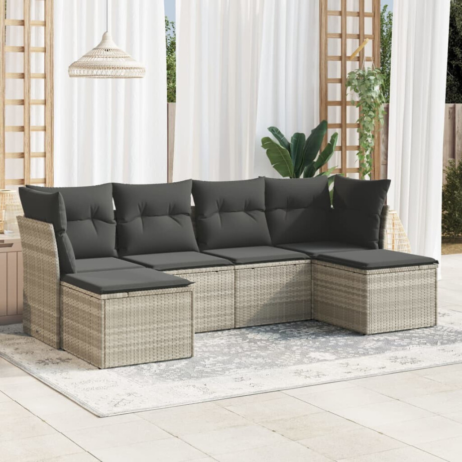 vidaXL 6-delige Loungeset met kussens poly rattan lichtgrijs afbeelding 1