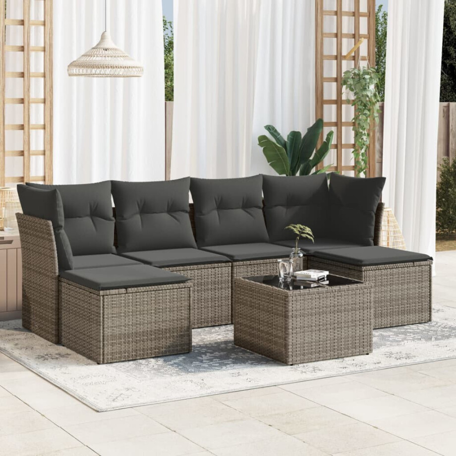 vidaXL 7-delige Loungeset met kussens poly rattan grijs vidaXL 7-delige Loungeset met kussens poly rattan grijs afbeelding 1