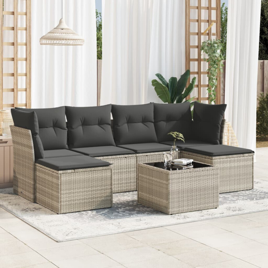 vidaXL 7-delige Loungeset met kussens poly rattan lichtgrijs afbeelding 1