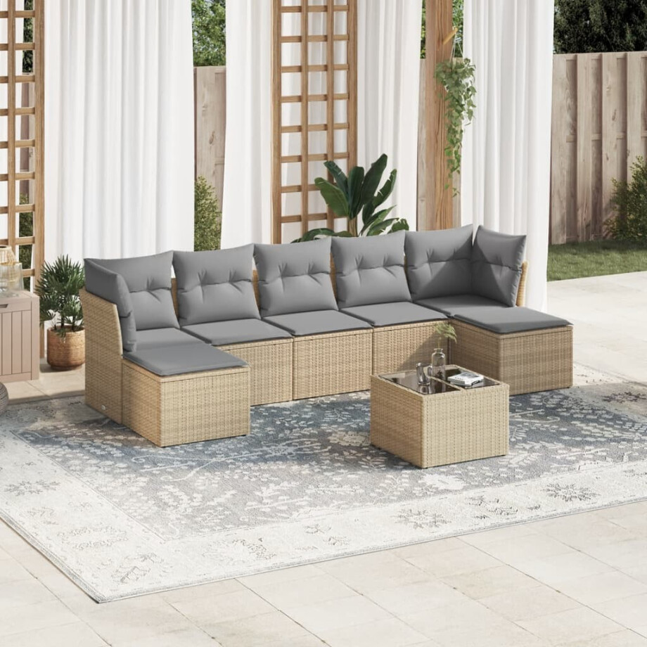 vidaXL 8-delige Loungeset met kussens poly rattan beige afbeelding 1