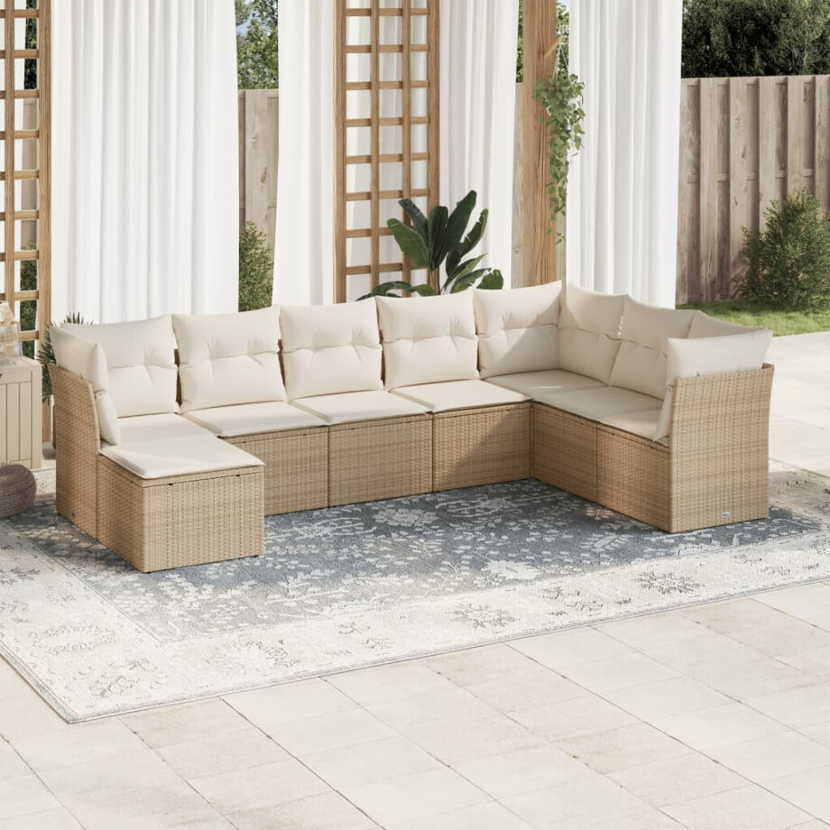 vidaXL 8-delige Loungeset met kussens poly rattan beige afbeelding 1