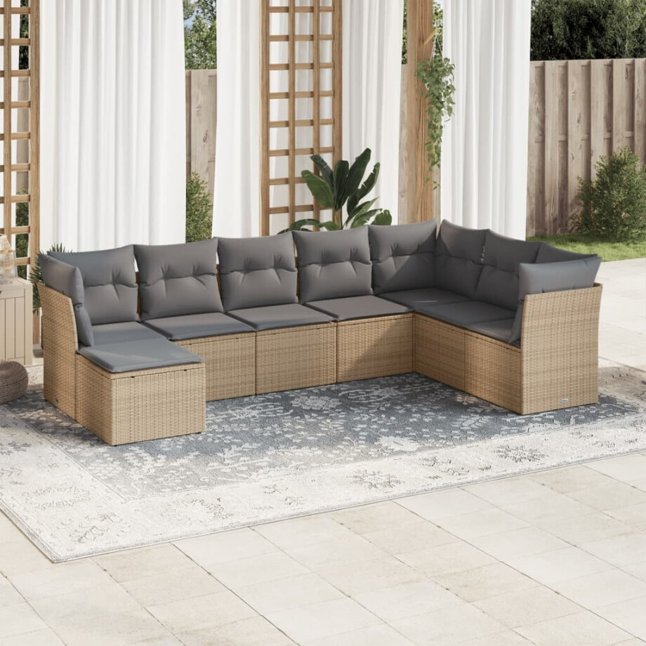 vidaXL 8-delige Loungeset met kussens poly rattan beige afbeelding 1