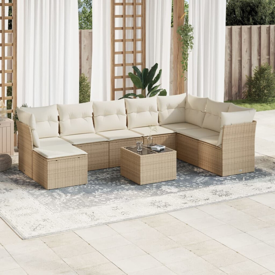 vidaXL 9-delige Loungeset met kussens poly rattan beige afbeelding 1