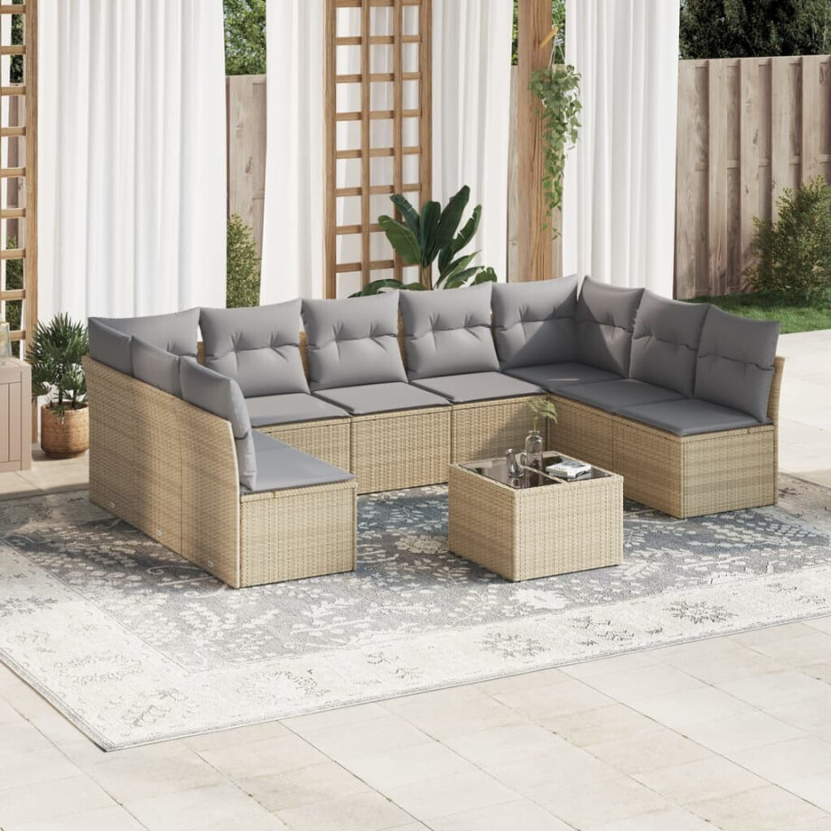 vidaXL 10-delige Loungeset met kussens poly rattan beige afbeelding 1