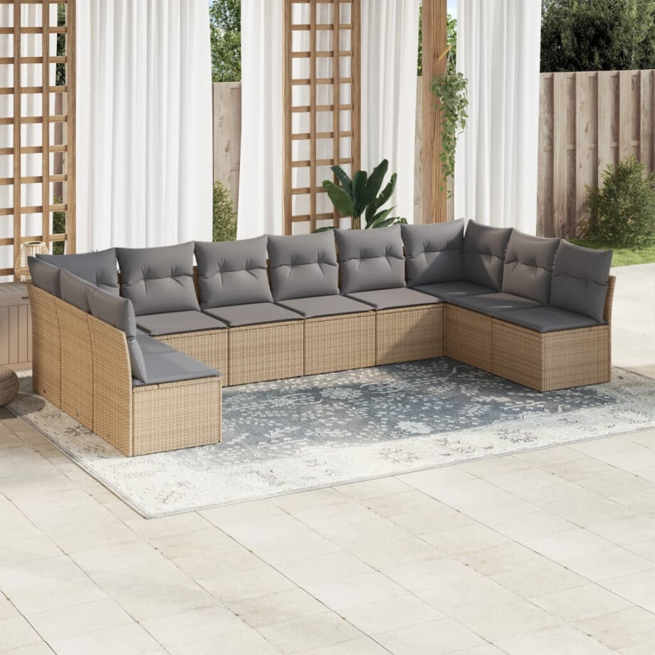 vidaXL 10-delige Loungeset met kussens poly rattan beige afbeelding 1