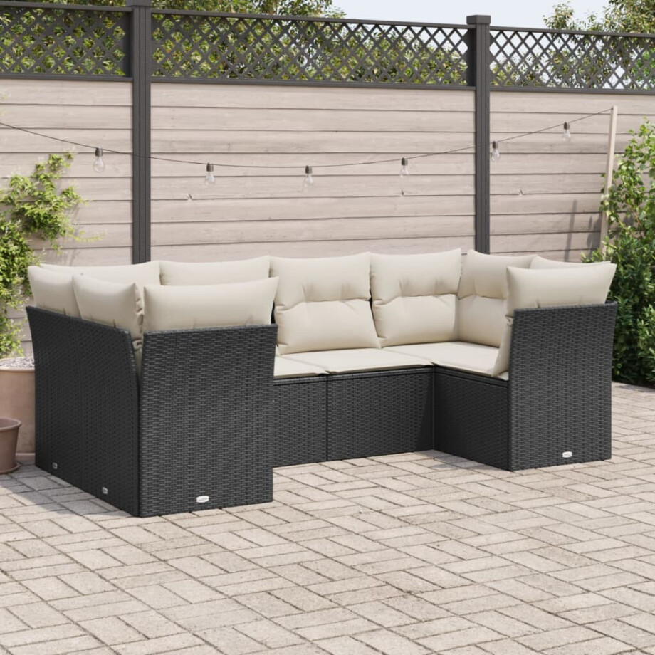 vidaXL 6-delige Loungeset met kussens poly rattan zwart afbeelding 1