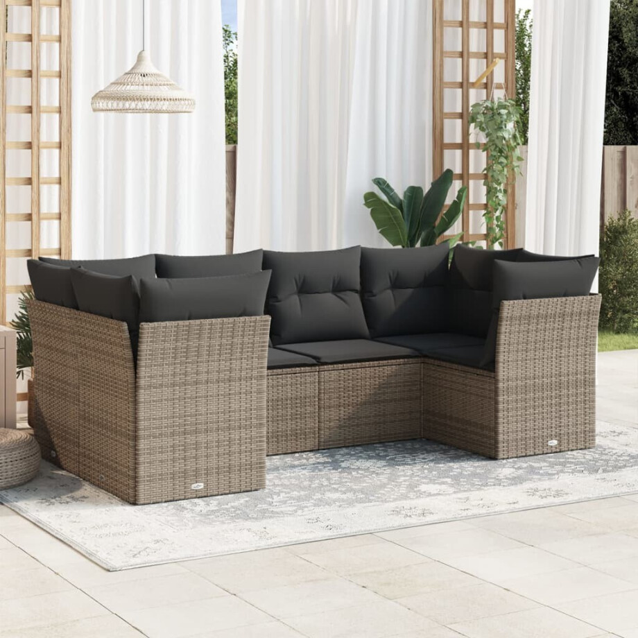 vidaXL 6-delige Loungeset met kussens poly rattan grijs afbeelding 1