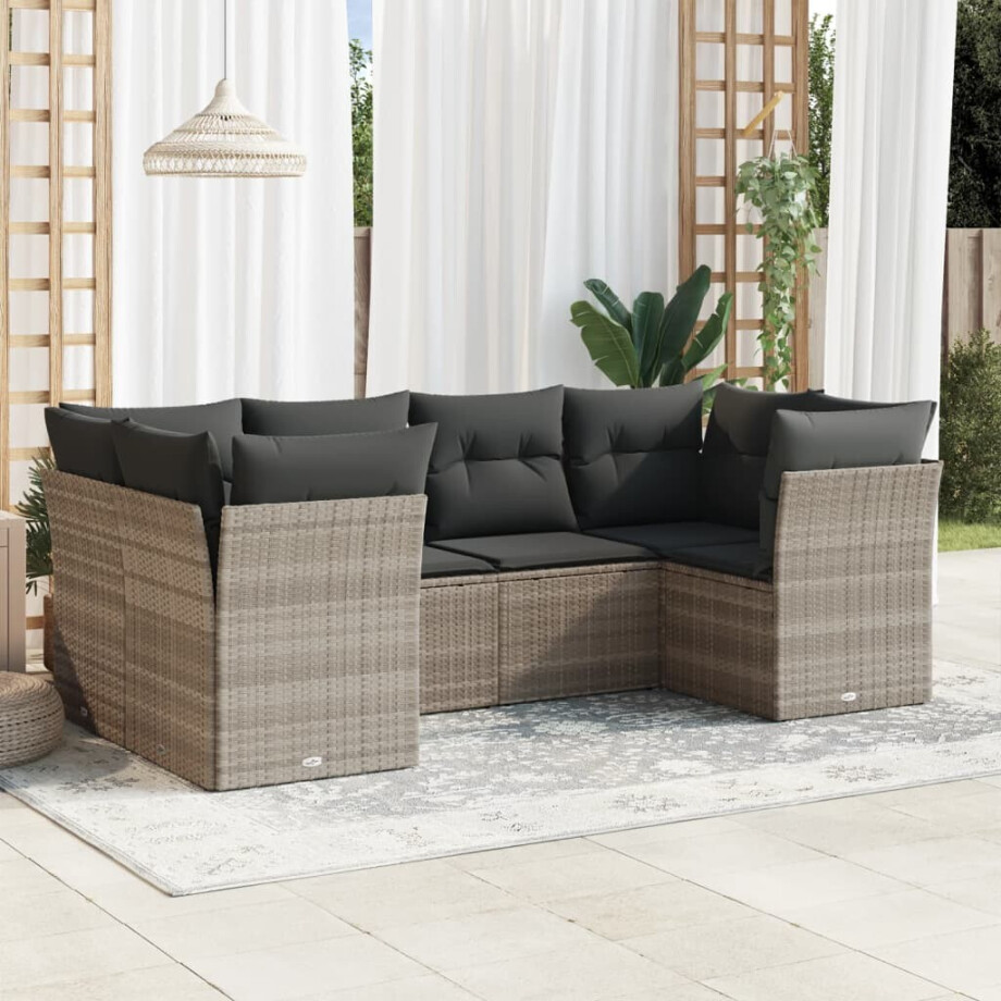 vidaXL 6-delige Loungeset met kussens poly rattan lichtgrijs afbeelding 1