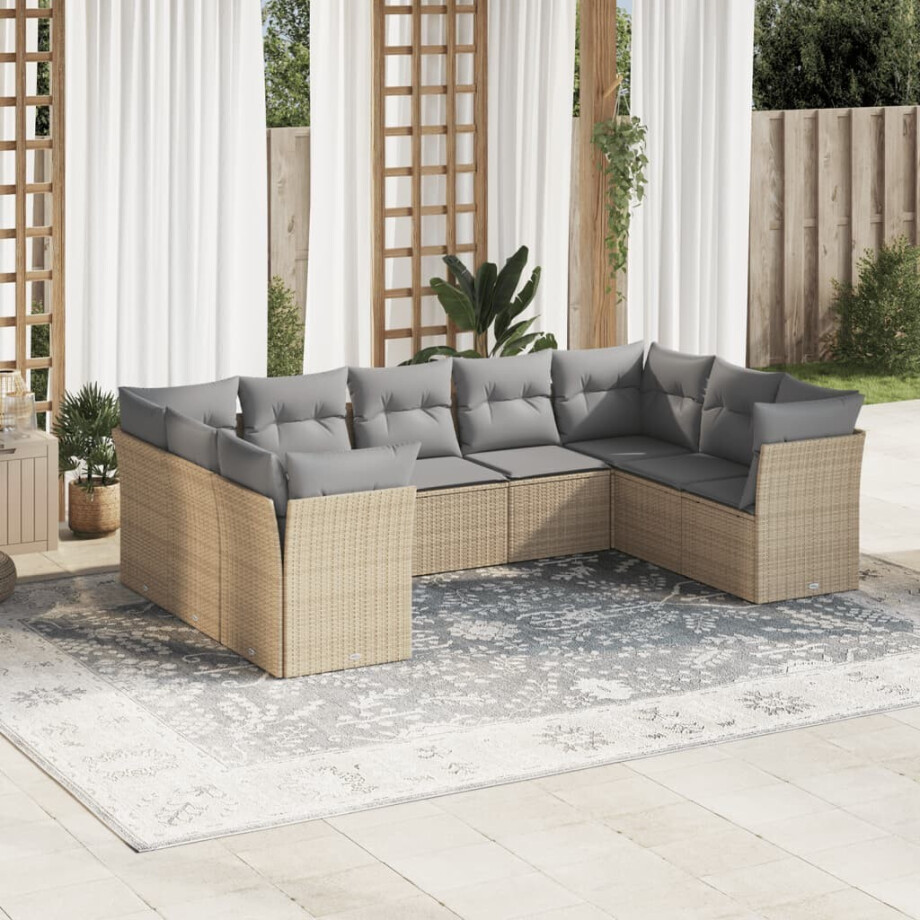 vidaXL 9-delige Loungeset met kussens poly rattan beige afbeelding 1