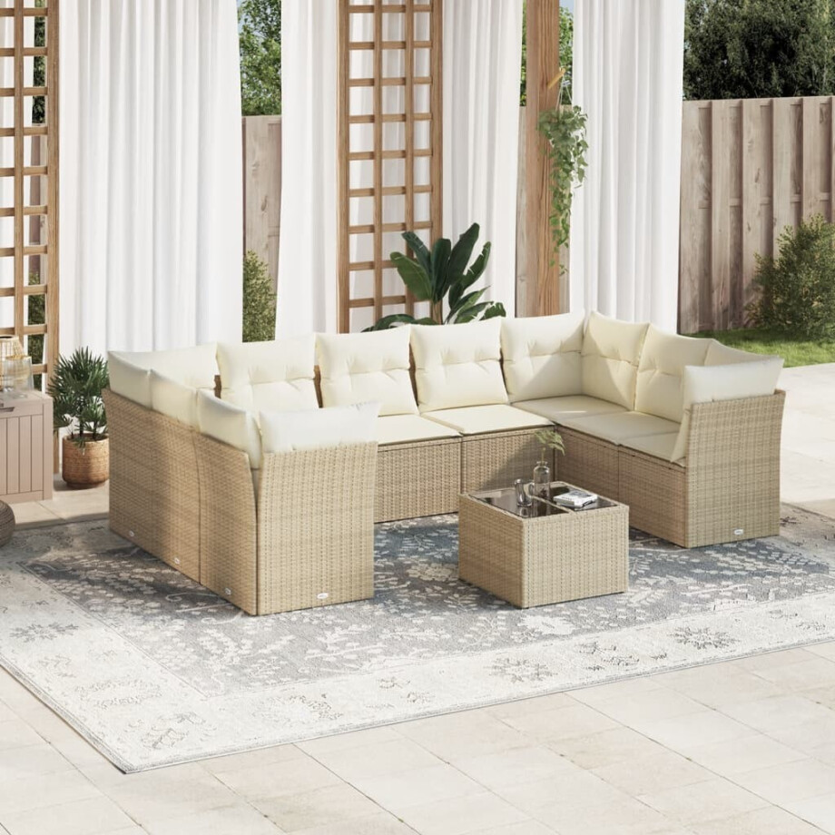 vidaXL 10-delige Loungeset met kussens poly rattan beige afbeelding 1