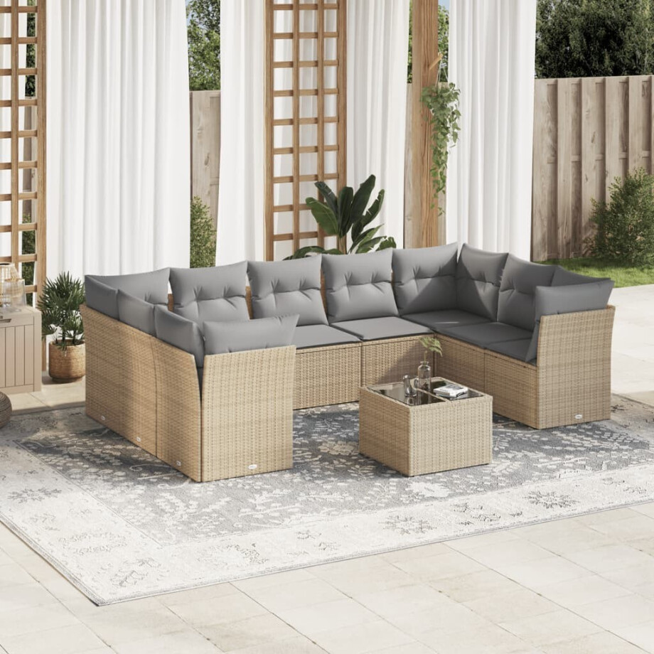 vidaXL 10-delige Loungeset met kussens poly rattan beige afbeelding 1