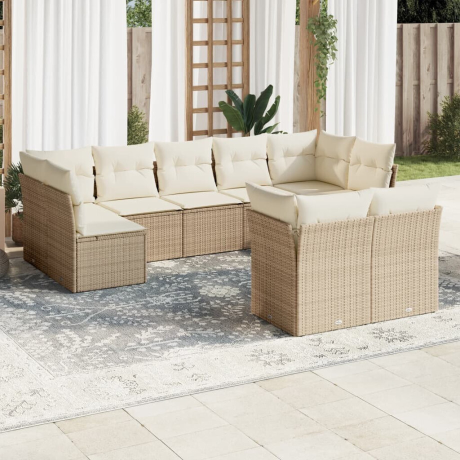 vidaXL 9-delige Loungeset met kussens poly rattan beige afbeelding 1
