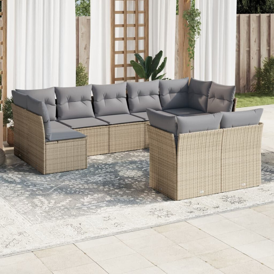 vidaXL 9-delige Loungeset met kussens poly rattan beige afbeelding 1