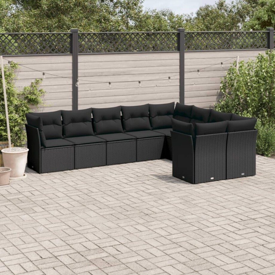 vidaXL 9-delige Loungeset met kussens poly rattan zwart vidaXL 9-delige Loungeset met kussens poly rattan zwart afbeelding 1
