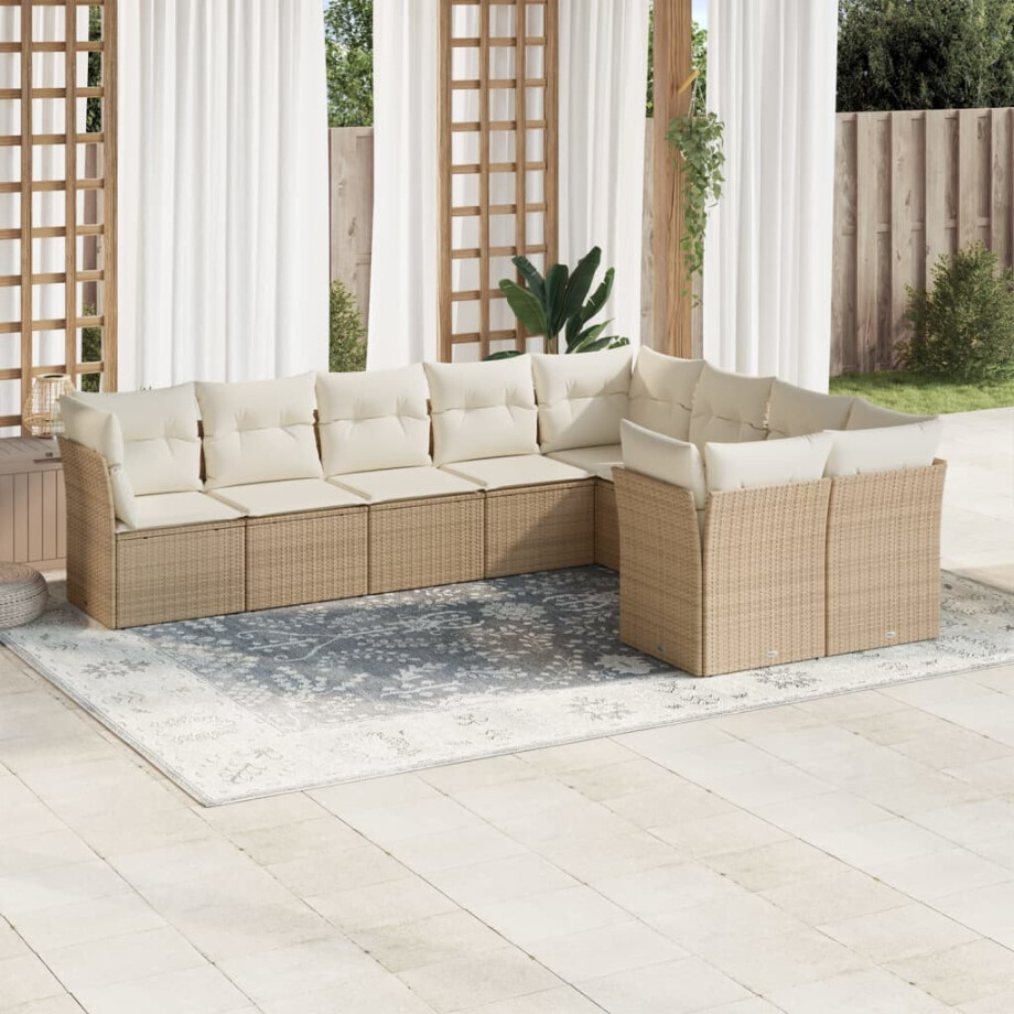 vidaXL 9-delige Loungeset met kussens poly rattan beige afbeelding 1