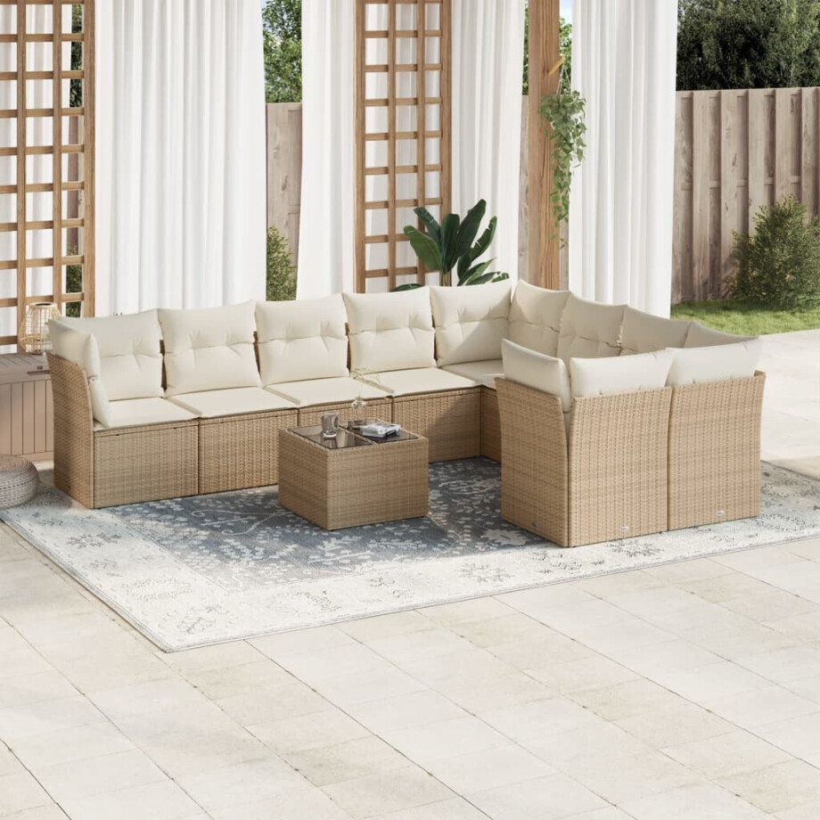 vidaXL 10-delige Loungeset met kussens poly rattan beige afbeelding 1