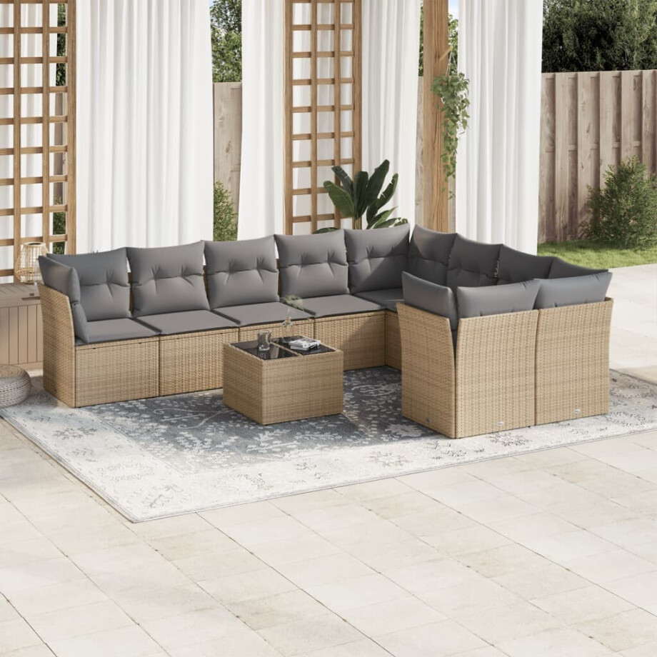 vidaXL 10-delige Loungeset met kussens poly rattan beige afbeelding 1