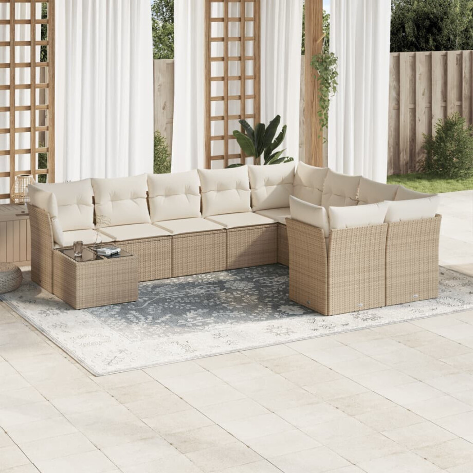 vidaXL 10-delige Loungeset met kussens poly rattan beige afbeelding 1