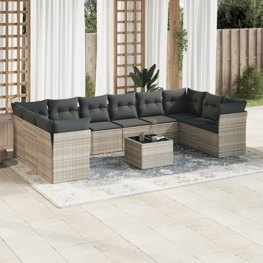 vidaXL 11-delige Loungeset met kussens poly rattan lichtgrijs afbeelding 1