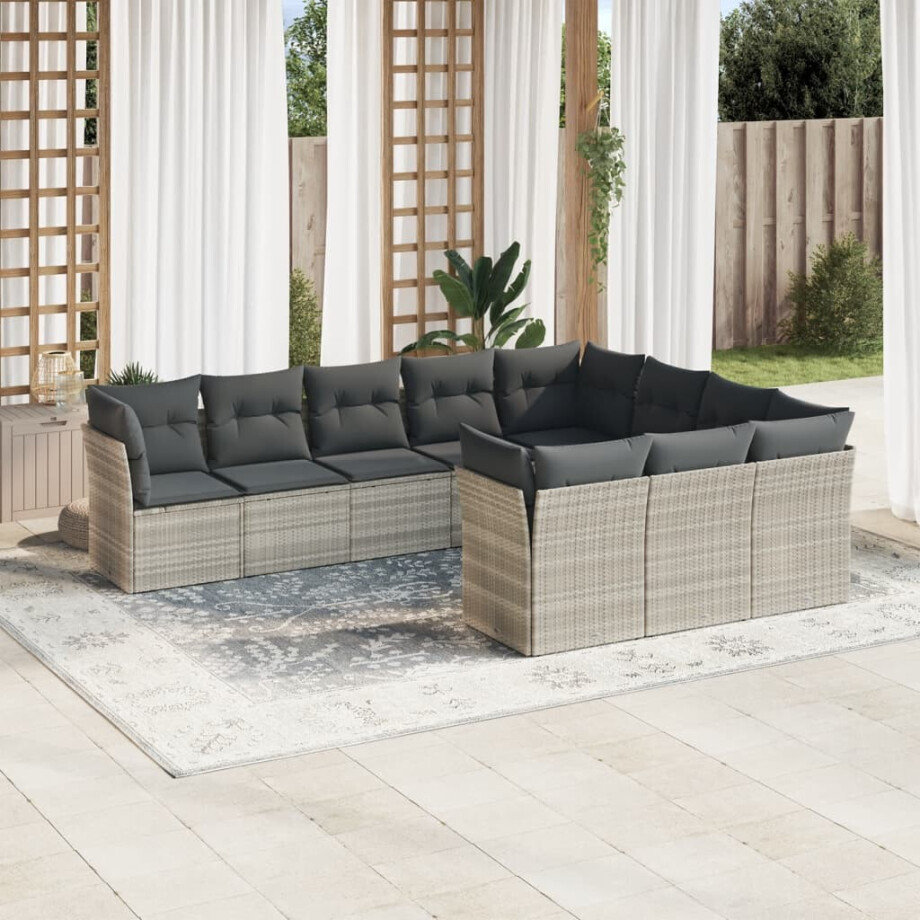 vidaXL 10-delige Loungeset met kussens poly rattan lichtgrijs afbeelding 1
