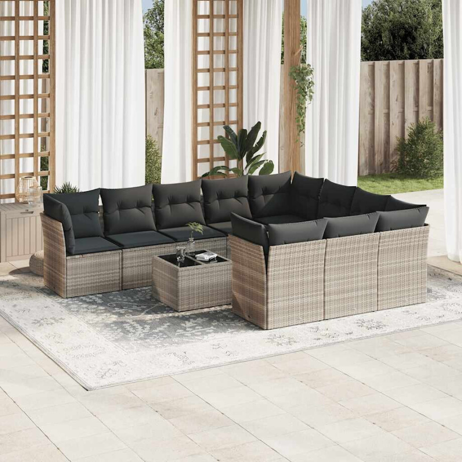 vidaXL 11-delige Loungeset met kussens poly rattan lichtgrijs afbeelding 1