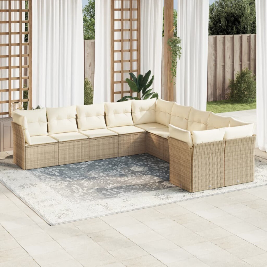vidaXL 10-delige Loungeset met kussens poly rattan beige afbeelding 1