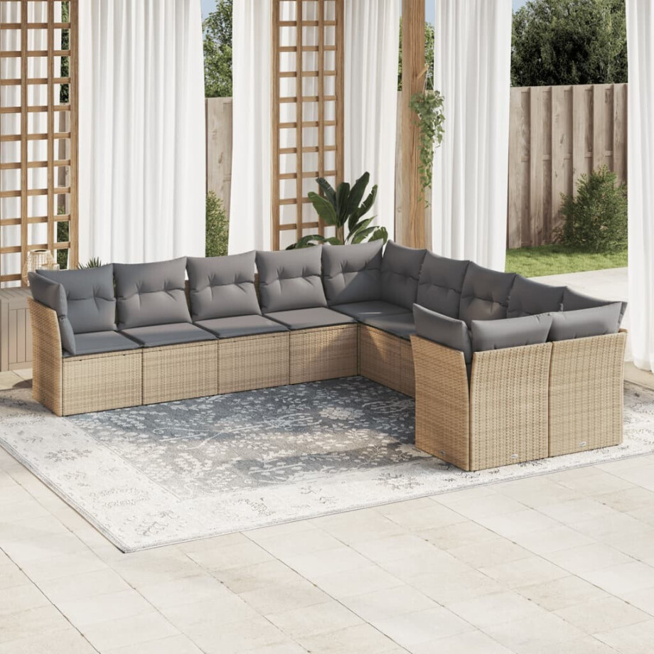 vidaXL 10-delige Loungeset met kussens poly rattan beige afbeelding 1