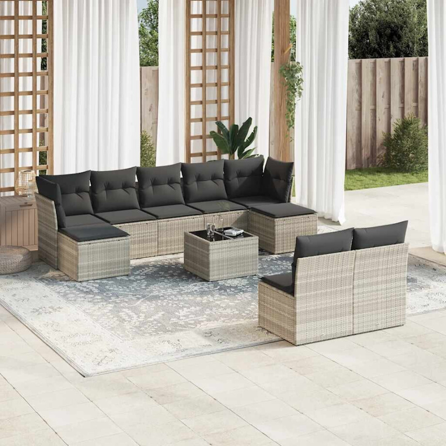 vidaXL 10-delige Loungeset met kussens poly rattan lichtgrijs afbeelding 1