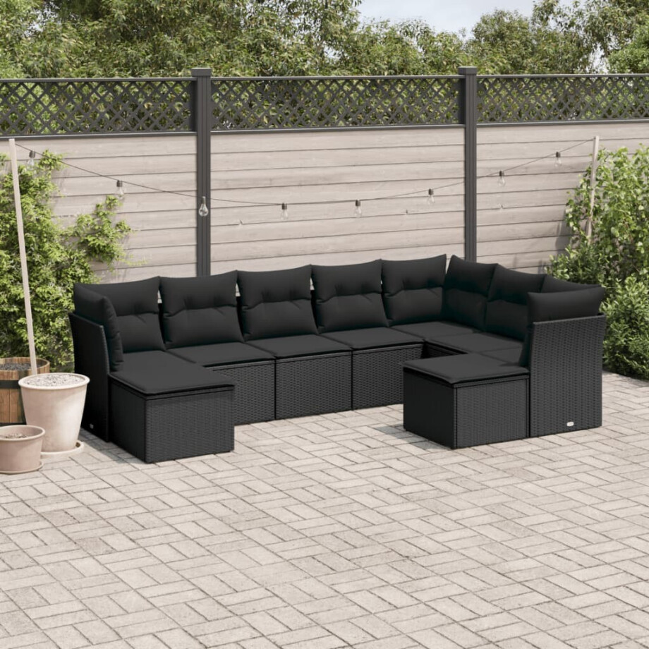 vidaXL 9-delige Loungeset met kussens poly rattan zwart vidaXL 9-delige Loungeset met kussens poly rattan zwart afbeelding 1