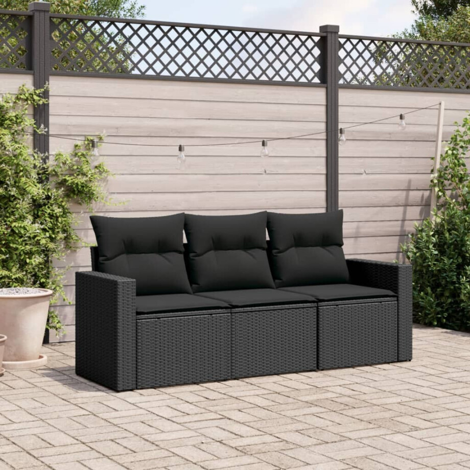 vidaXL 3-delige Loungeset met kussens poly rattan zwart afbeelding 1