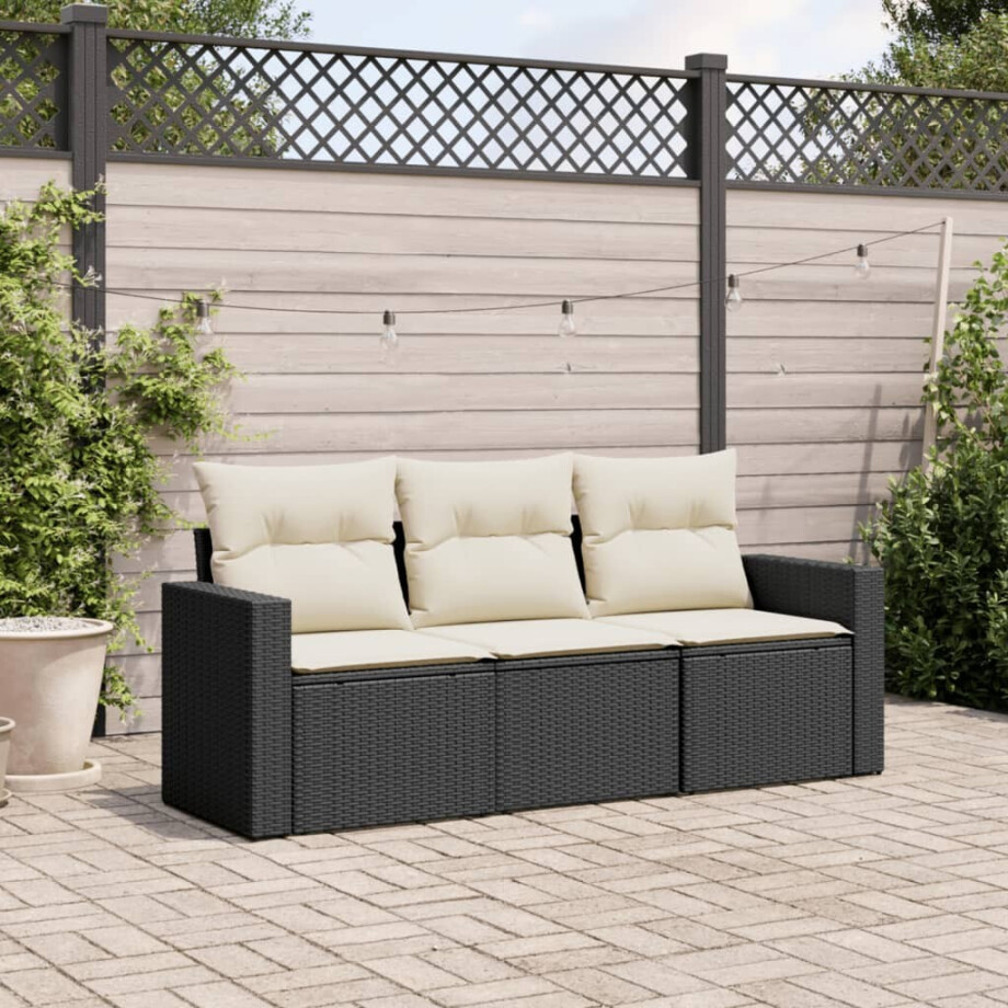 vidaXL 3-delige Loungeset met kussens poly rattan zwart afbeelding 1
