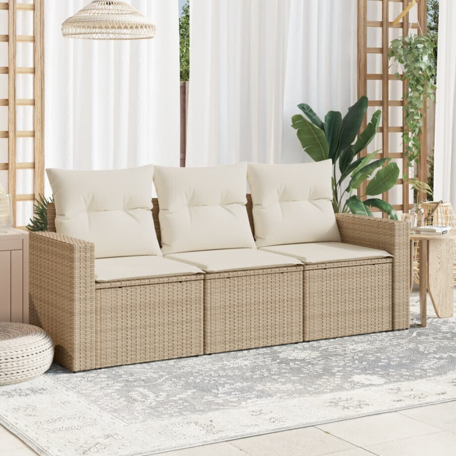 vidaXL 3-delige Loungeset met kussens poly rattan beige afbeelding 1