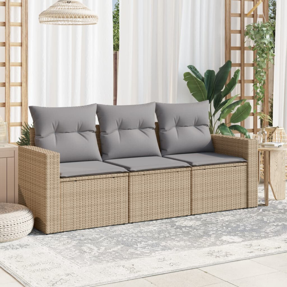 vidaXL 3-delige Loungeset met kussens poly rattan beige afbeelding 1