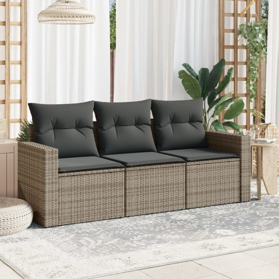 vidaXL 3-delige Loungeset met kussens poly rattan grijs afbeelding 1