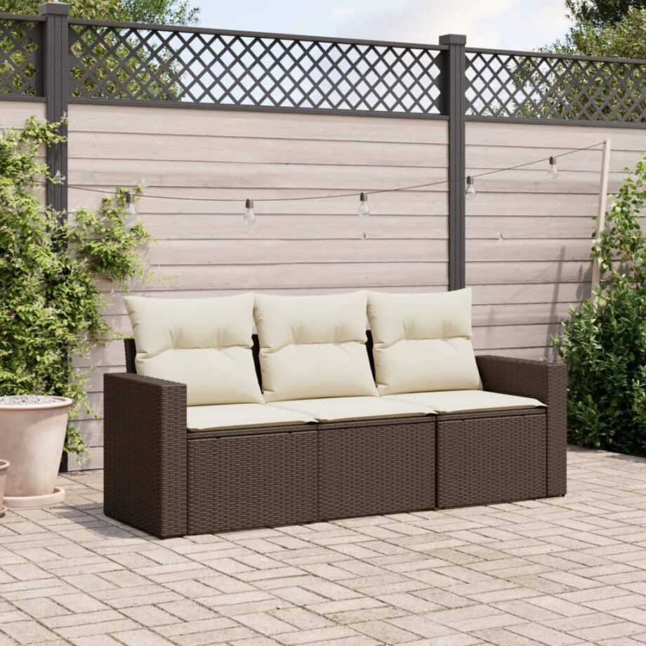 vidaXL 3-delige Loungeset met kussens poly rattan bruin afbeelding 1