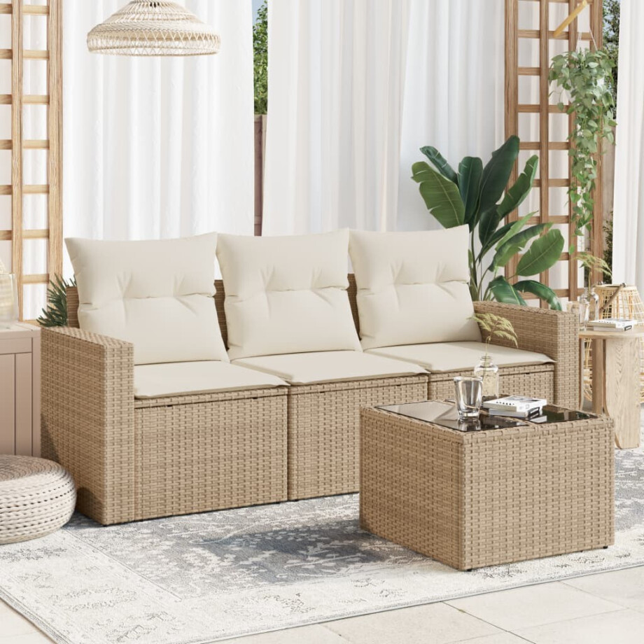 vidaXL 4-delige Loungeset met kussens poly rattan beige afbeelding 1
