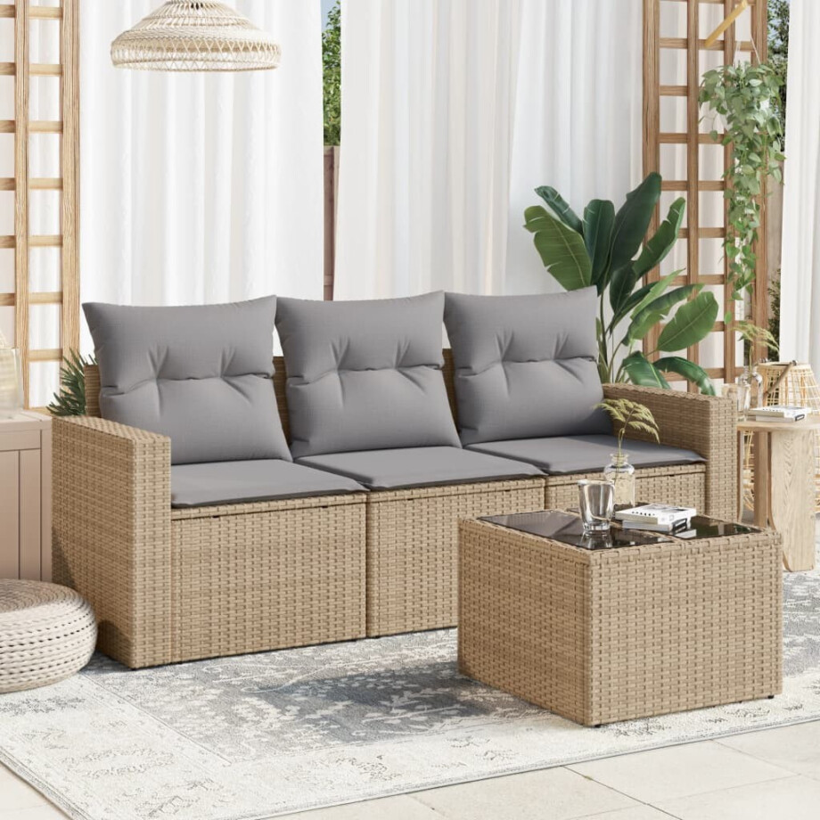 vidaXL 4-delige Loungeset met kussens poly rattan beige afbeelding 1