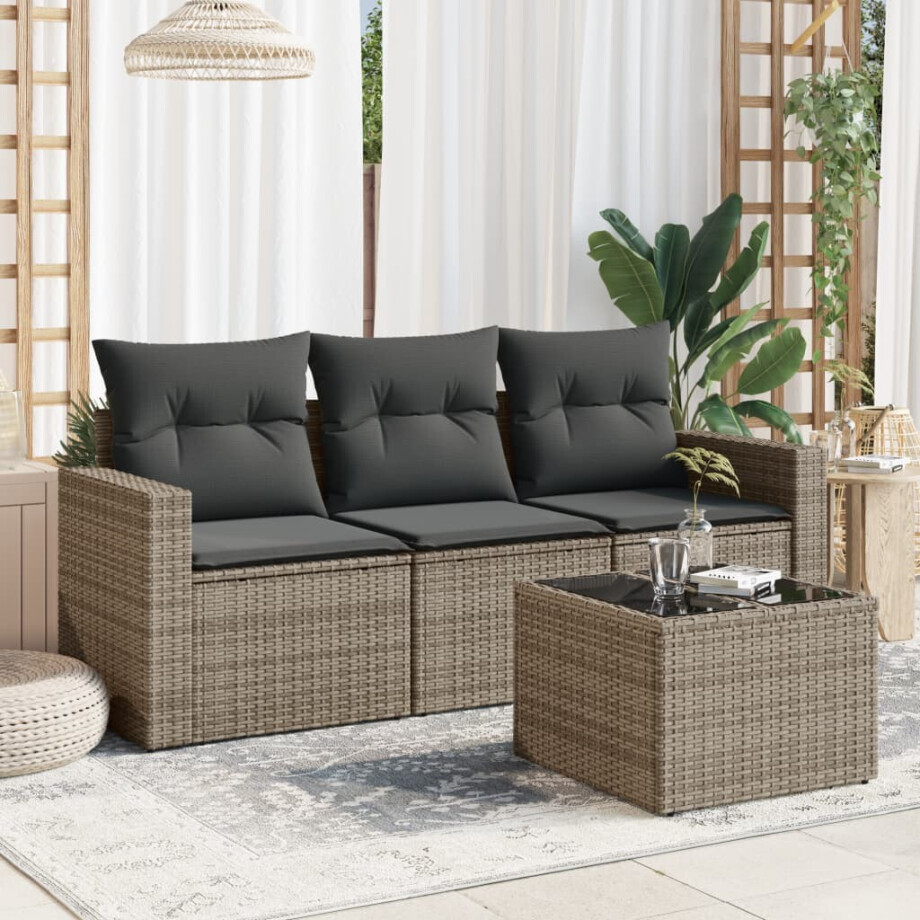 vidaXL 4-delige Loungeset met kussens poly rattan grijs afbeelding 1