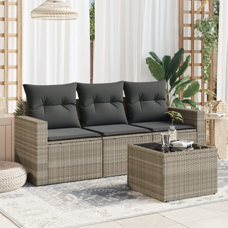 vidaXL 4-delige Loungeset met kussens poly rattan lichtgrijs vidaXL 4-delige Loungeset met kussens poly rattan lichtgrijs afbeelding 1