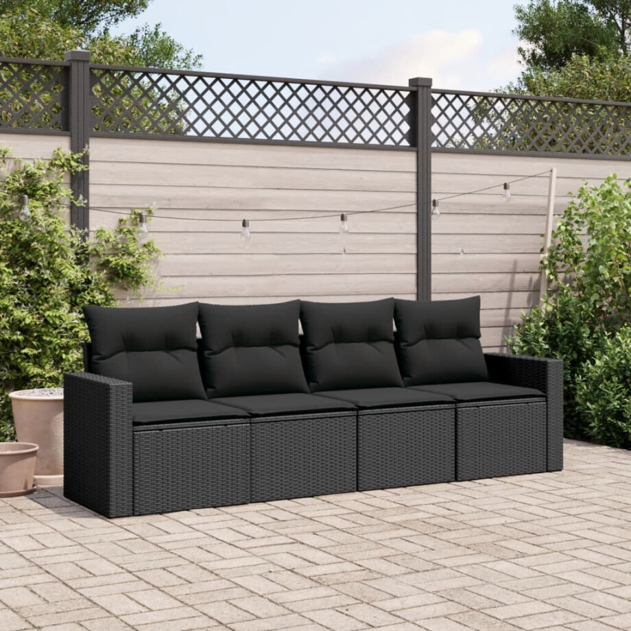 vidaXL 4-delige Loungeset met kussens poly rattan zwart afbeelding 1