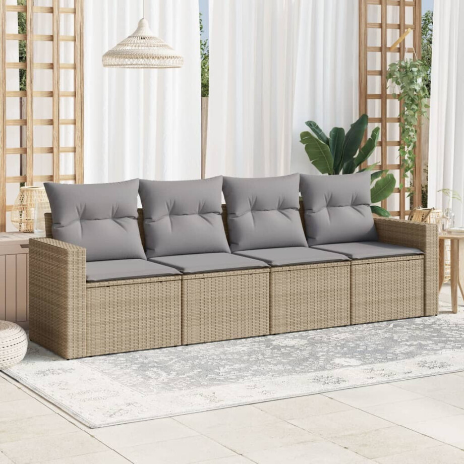 vidaXL 4-delige Loungeset met kussens poly rattan beige afbeelding 1
