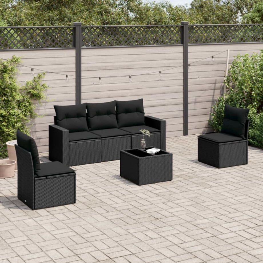 vidaXL 6-delige Loungeset met kussens poly rattan zwart afbeelding 1