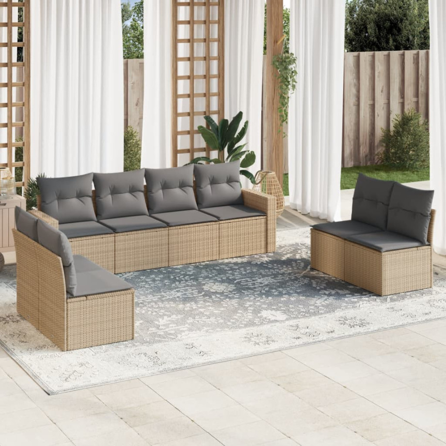 vidaXL 8-delige Loungeset met kussens poly rattan beige afbeelding 1