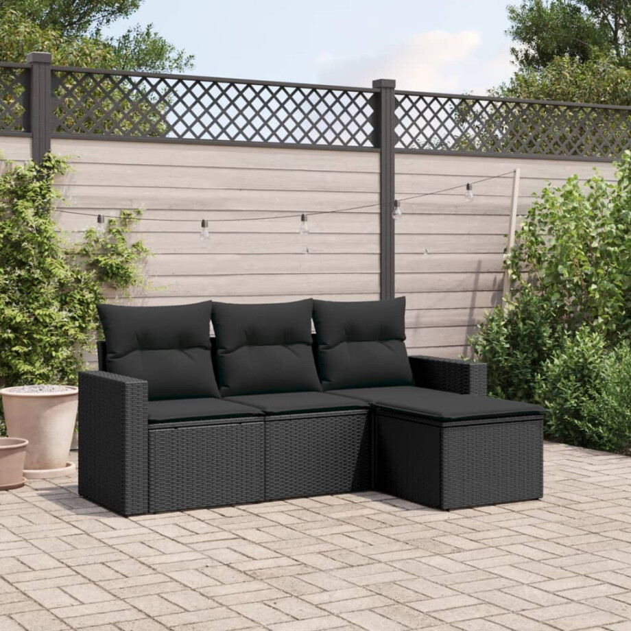 vidaXL 4-delige Loungeset met kussens poly rattan zwart afbeelding 1